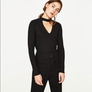 Zara Black Ribbed Choker Long Sleeve Bodysuit